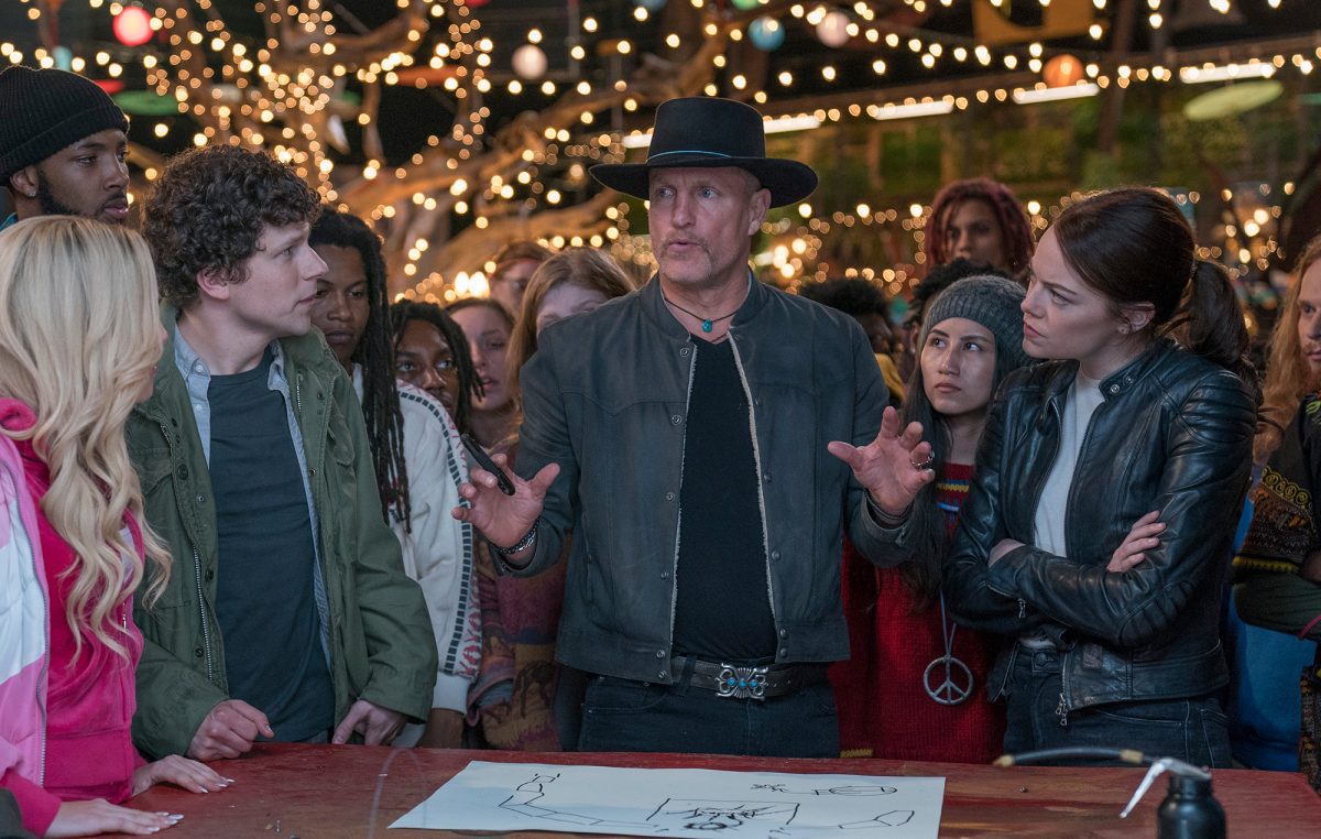 Jesse Eisenburg as Columbus, Woody Harrelson as Tallahassee and Emma Stone as Witchia in Zombieland: Double Tap - Courtesy of Sony Pictures.